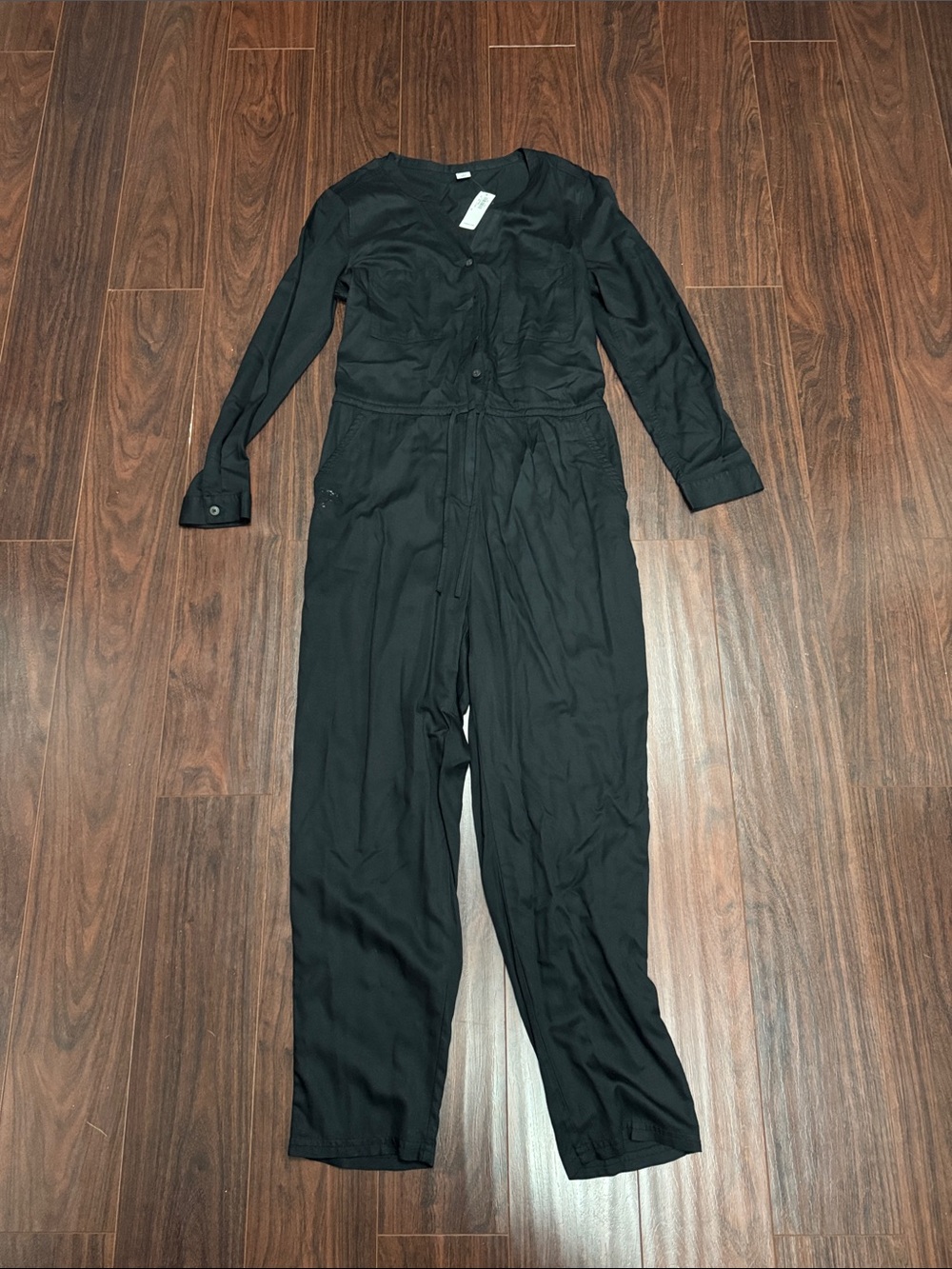 Old Navy Black Long-Sleeve Button Front Jumpsuit with Waist Tie